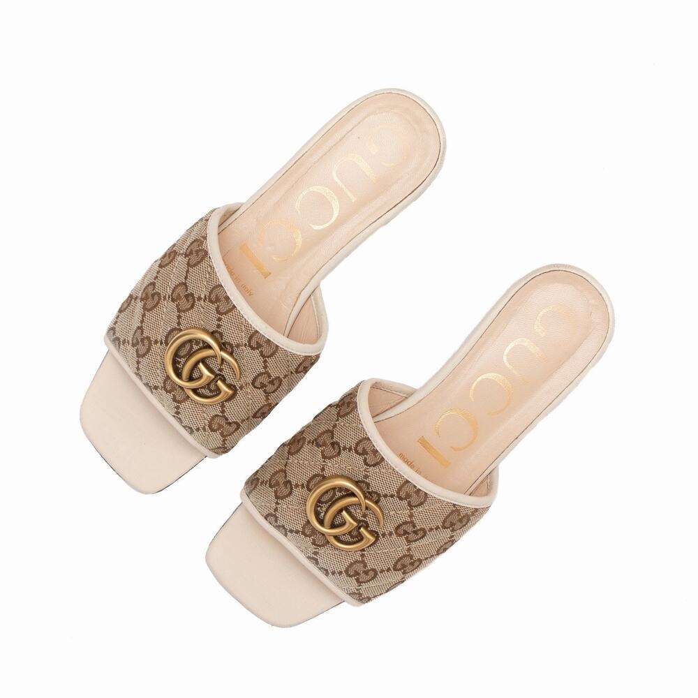 Gucci Beige Monogram Matelasse GG Marmont Flat Slide Sandals 36 US6